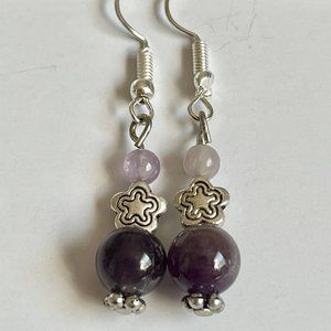 Lavender Purple Amethyst Bead Earrings Silver Plated Flower Dangle Semiprecious
